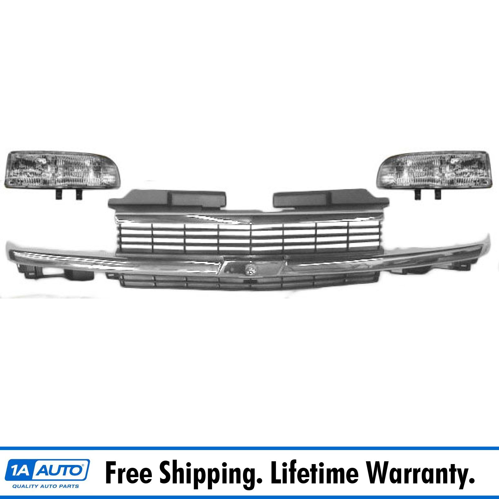 Chrome Grill Grille & Headlight Headlamp Set for 9805 Chevy Pickup