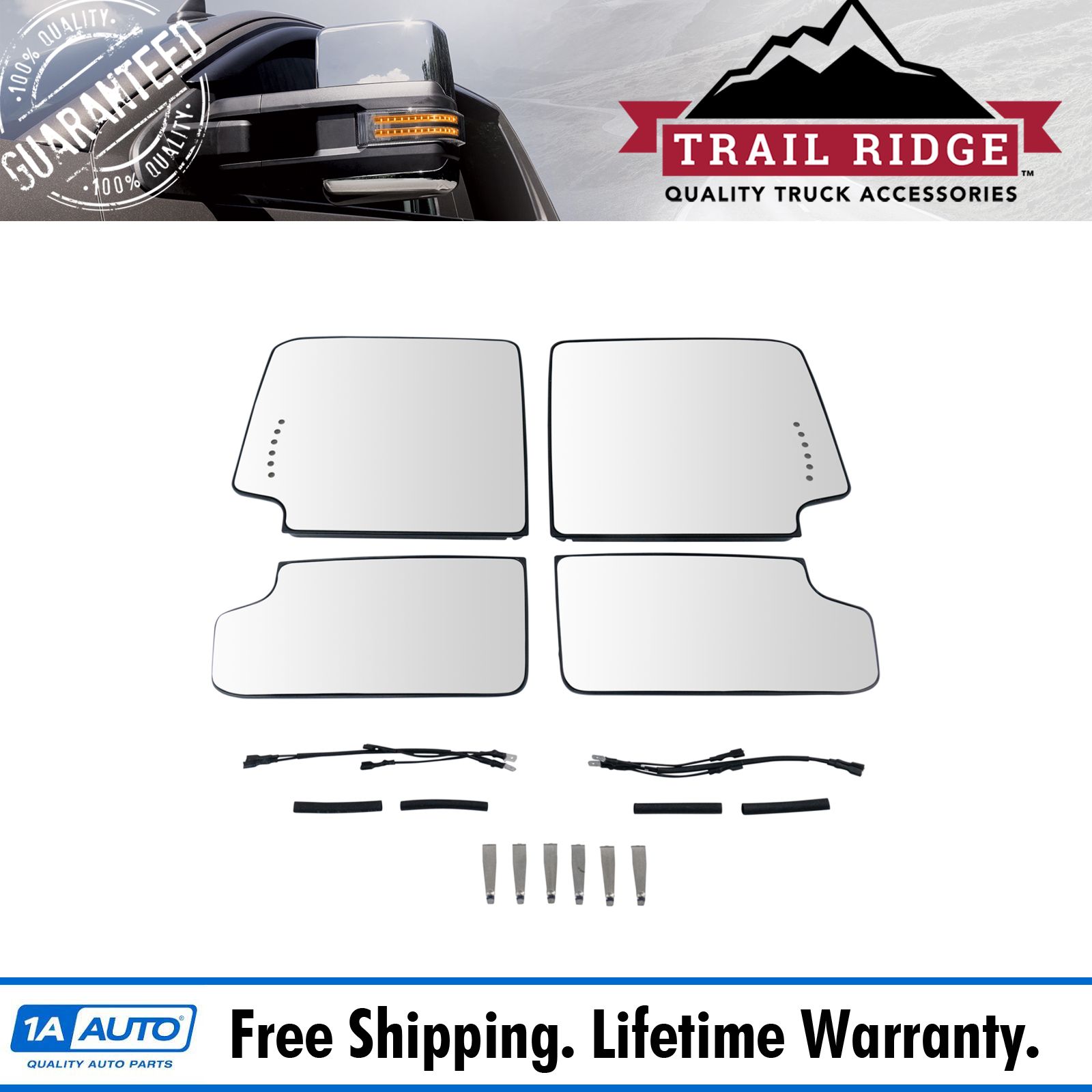 Trail Ridge Towing Mirror Glass 4 Clip Mount Heated Upper & Lower Kit