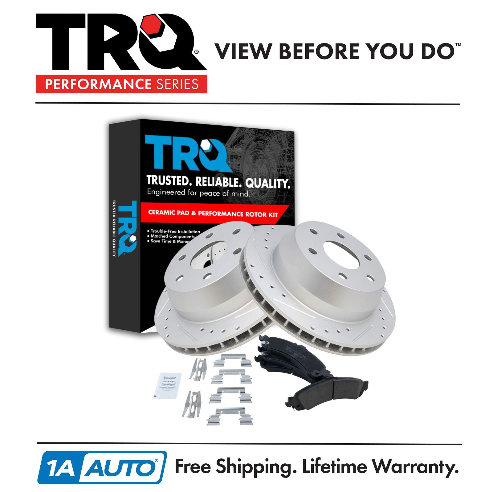 TRQ Posi Ceramic Brake Pad & Performance Drilled Slotted Coated Rotor Kit