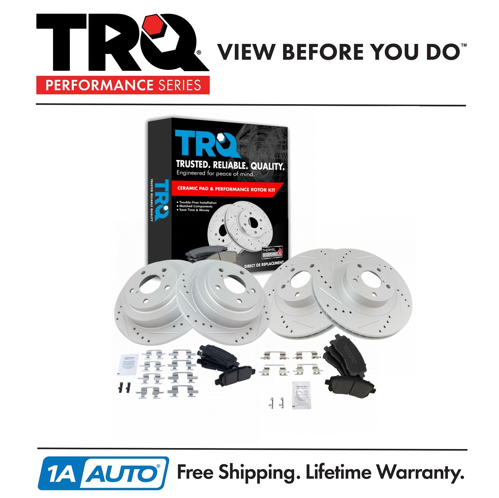 TRQ Posi Ceramic Brake Pad & Performance Drilled Slotted Coated Rotor Kit