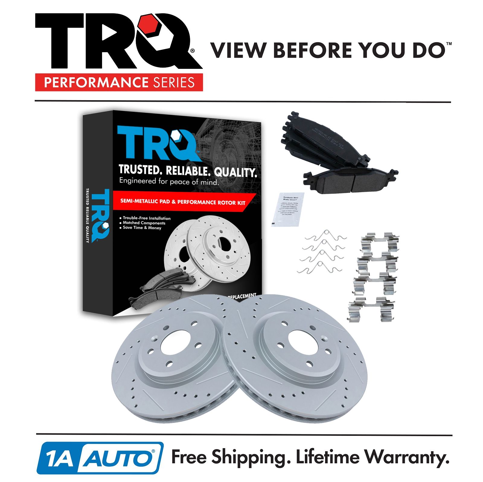 TRQ Brake Rotor Drilled & Slotted Coated & Metallic Pad Front Set