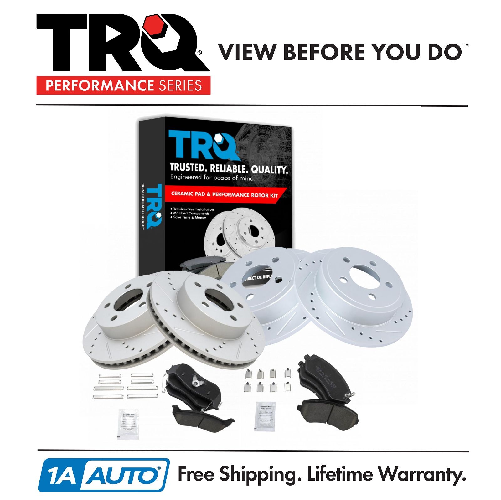 Performance Brake Rotor Drilled Slotted Ceramic Pad /& Hardware Front /& Rear Kit